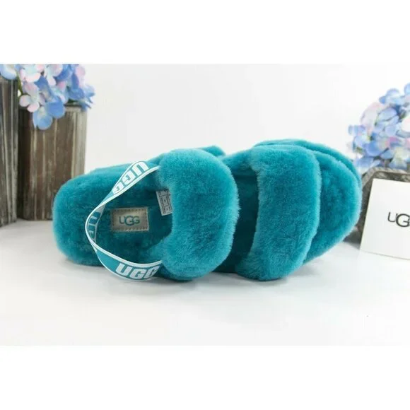 UGG Fluff Oh Yea Aqua Blue Sheepskin Fur Slippers Slides Sandals NIB - Picture 5 of 11